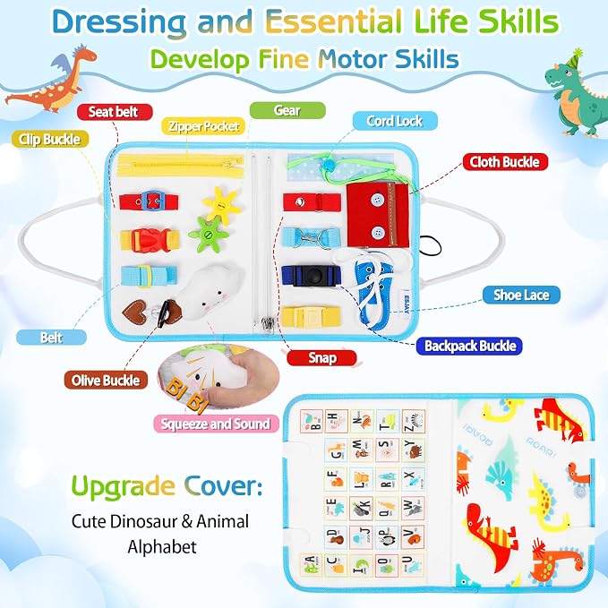 Esjay Busy Board Montessori Toys for Boys Girls, Sensory Book Educational Activities for Learning Fine Motor Skills, Birthday Gifts, Travel Toys for Airplane Car, White Multi