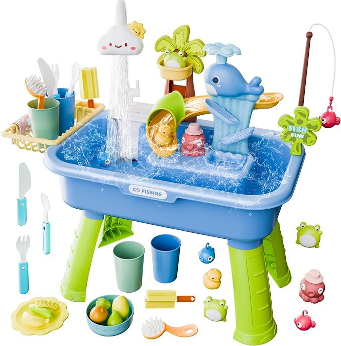 2026 Upgraded Water Table for Toddlers 1-3, Kids Play Sink with Running Water, Toddler Kitchen Sink Toy with Pump, Fishing Game & Sensory Water Play Toys for Boys Girls (Blue)