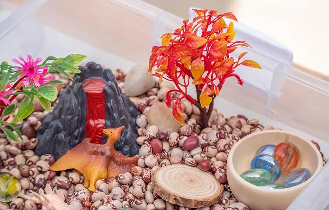 Dinosaur Sensory Bin Kit for Kids | Taste-Safe Pinto Beans, Fossil Skeletons, Trees, Volcano & Durable Wooden Tools – Includes Storage Bin