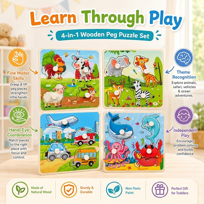 Wooden Peg Puzzle Set for Toddlers, 4 Pack Animal Vehicle Ocean Farm Puzzles, Montessori Wooden Puzzles for Ages 2-4, Preschool Learning Toys for Fine Motor Skills, Gifts for Boys Girls 1 2 3 4