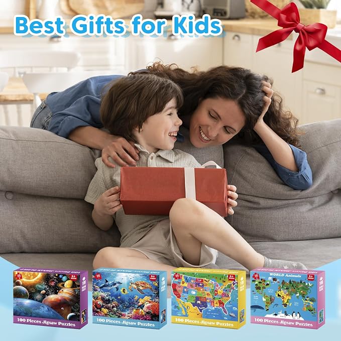 4 Packs 100 Piece Puzzles for Kids Ages 4-6 6-8 8-10, Educational Kids Jigsaw Puzzle Set, Ocean Space US Map World Animals Learning Puzzle Toy Gift for Boys Girls Teens Adults Kids Puzzles 4-6 5-8