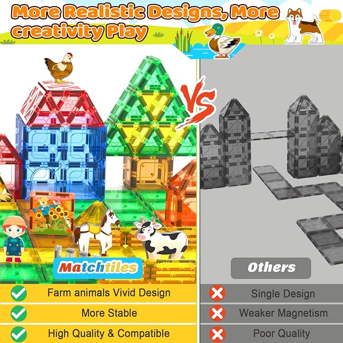 Magnetic Tiles Farm Animals Set, Immersive Storytelling Building Blocks for Toddlers 3-5, 3D Farm House STEM Toys with UV-Printed Realistic Animals, Compatible with All Major Brands