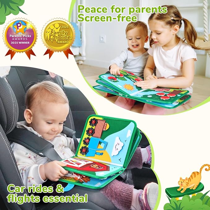 JoyCat Farm Busy Book for Toddlers 1-3, Montessori Quiet Book 15 Activities | 15 daily life activities in a farm busy book encourage hands-on learning, fine motor skills and screen-free play at home