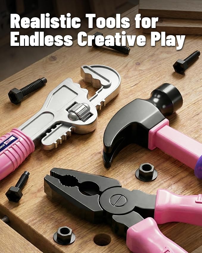 Kids Tool Set for Grils with Electronic Toy Drill & Tool Box | Toddler Tool Set STEM Pretend Play Construction Toys with Costume Vest, Girl Toys for 3 4 5 6 7 Year Old