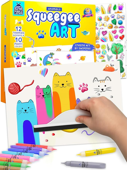 Squeegee Art Kit for Kids - Animals Theme Painting Craft Kit for Ages 4-12 | Non-Toxic, Mess Free Paint Craft, Imaginative Play Process Art Kit, Birthday Gift for Ages 5-9, Colour & Sensory Exploration