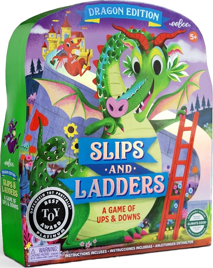 eeBoo Slips & Ladders Dragon Edition - Award Winning Classic Race Game with Holographic Foil, Screen-Free Fun for 2-4 Players, Kids Ages 5 and up