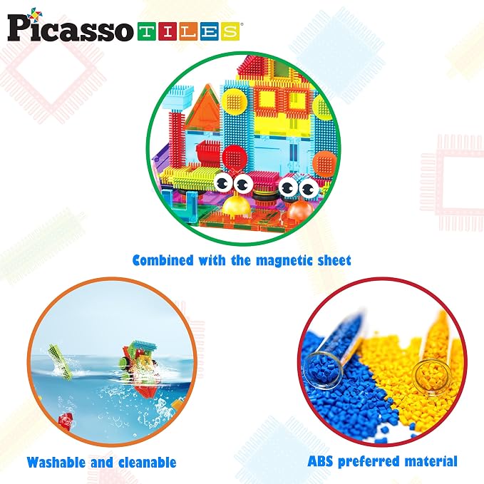PicassoTiles Magnetic Tiles & Hedgehog 2-in1 Interlocking Brush Connector Magnet Building Blocks Construction Set Learning Playset STEM Toys Development Preschool Education Toy Toddler Age 3 Up PTE21