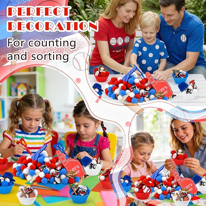 152 Pcs Baseball Sensory Bin Items Sports Balls Counting Sorting Baseball Sensory Bin Filler Fine Motor Ball Counts for Spring Summer Color Sorting Counting