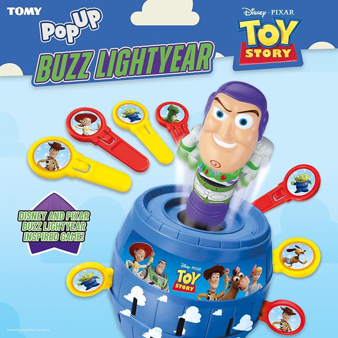 TOMY Pop Up Buzz Lightyear Game, Toy Story Action Game for Kids, Funny jousting game with sticks, Disney Pixar Buzz Lightyear Family Game, Quick Response Game for 2-4 Players, Ages 4+