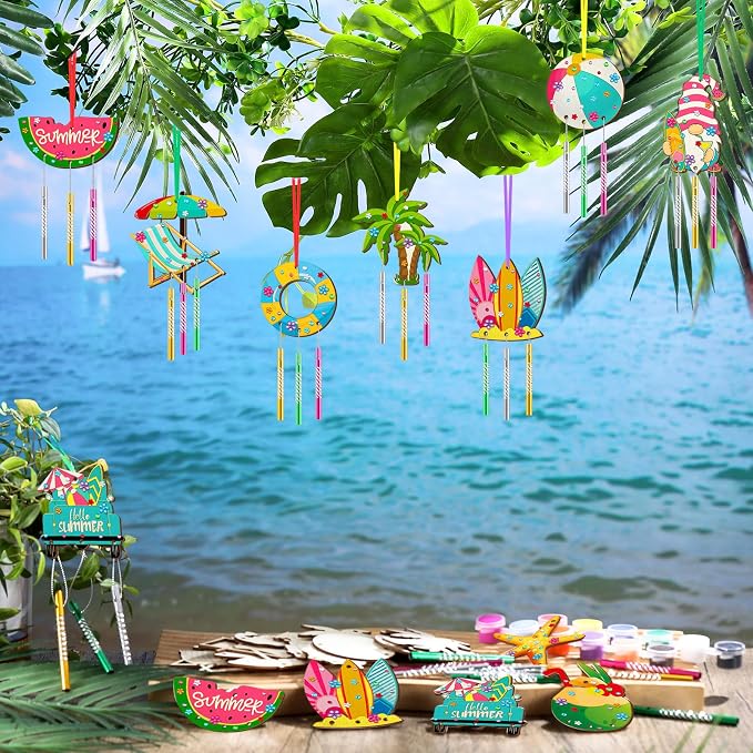 JellyArch 30 Pack Summer Beach Wind Chime Crafts Kit for Kids Activities | 10 Watermelon Coconut Starfish Designs with Paints, DIY Wooden Ornaments, Boys Girls Ages 4-8 Outdoor Party Favors
