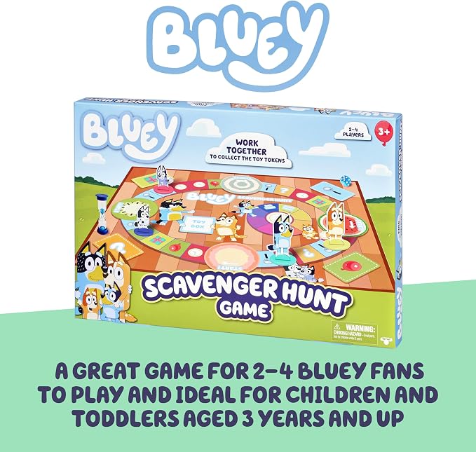 Bluey Scavenger Hunt Board Game, Cooperative Play with 4 Exclusive Mini-Figures, Indoor Games for Kids Ages 5+, Fun Toy Token Collecting Game | Collect 12 toy tokens as a team with Bluey, Bingo, Bandit & Chilli minis; family game for kids ages 3+