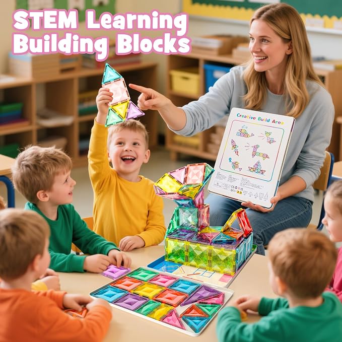 WMXDU Large Pastel Magnetic Tiles: Glitter Diamond Castle Building Set | 48-Piece Glitter Tiles for Girls Ages 3-8, Large Size Safe for Little Hands. Metal Box Stores & Doubles as Base