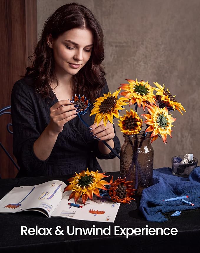 Blazing Sunflower Building Blocks Set, Botanical Flower Brick Kit for Adult | 771Pcs Artificial Sunflowers Building Kits, 4 Blooming Stages, Adjustable Stems Display Decor, Birthday Gifts for Women & Mom