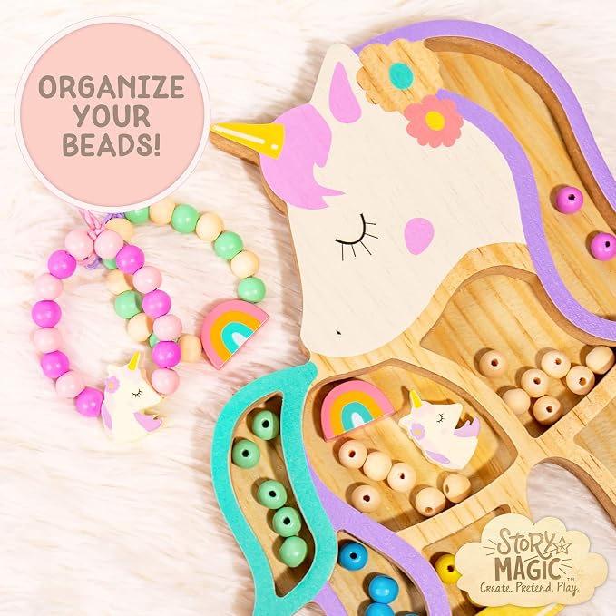 Story Magic Unicorn Bead Set by Horizon Group USA, Create Your Own Magical Beaded Jewelry, Includes Over 100 Natural Wooden Beads Large Hole, 5 Pre-Cut Elastic Cords with Shoelace Ends, Storage Case