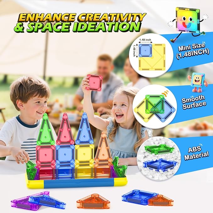 Mini Magnetic Tiles Travel Set STEM Educational Toys for Boys & Girls 3-8 | Outdoor Building Toys Preschool Classroom Must Have Portable Games with Iron Box for Car Airplane Kids Aged 3+ Birthday Gifts