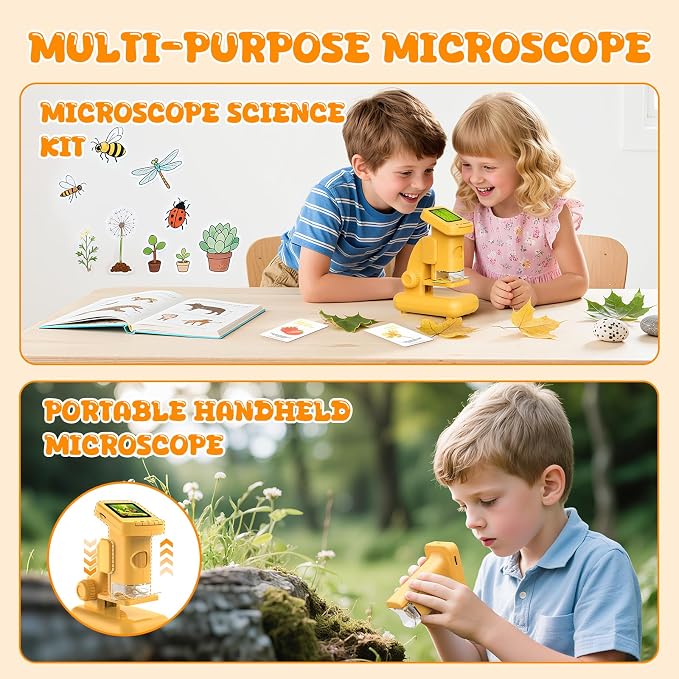 1200X Microscope for Kids, 2 in 1 Handheld & Desktop Digital Microscope with 9 Slides Science Kit, Portable Microscope HD Screen Video Record, STEM Educational Toys Gifts for Ages 6-12 Boys Girls