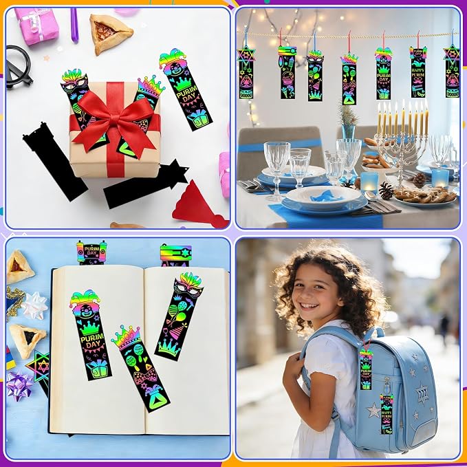 JUNEBRUSHS 30Pcs Purim Scratch Bookmarks for Students Classroom Activity | Six Purim Festival Patterns,Magical Rainbow Scratch Effect,Thick Durable Tear-Resistant Paper,Multi Festive DIY Ornaments