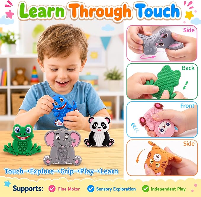 12 Pack Animal Sensory Toys for Kids Toddlers, Textured Silicone Fidget Toys, Quiet Travel Toys for Airplane, Car Rides, Preschool & Home Sensory Play, Classroom Calm Corner Toys