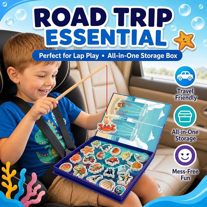 TRAVOFUN Magnetic Fishing Game | Travel Toys for Toddlers 3-5 | Magnetic fishing game with 2 poles and 27 ocean pieces for car rides, airplane activities, long flights, and quiet play.