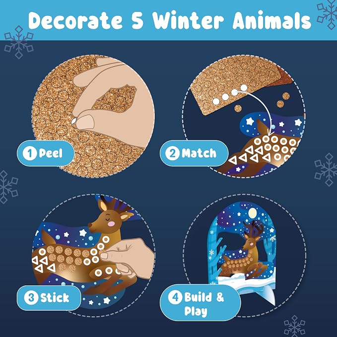 BINCA Foam Sticker Mosaic Art Activity, 750+ 3D Glitter Foam Stickers, 5 Winter Animals with Display Arch, DIY Mess-Free Activities, Gifts for Boys & Girls Ages 5,6,7,8