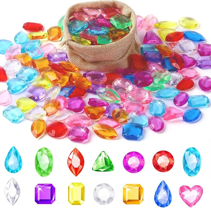150 Pcs Pool Diving Gems Toys Colorful Pirate Treasure Jewels | Fake Acrylic Gems, Plastic Diamonds Gemstones with a Burlap Bag, Vase Filler, Summer Beach Toys, Pirate Party Favors Decor