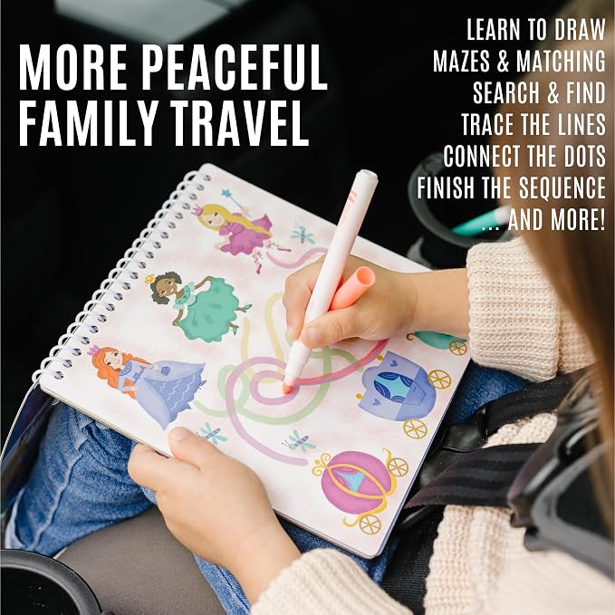 Totebook Dry Erase Activity Book for Kids - 18 Erasable Learning Games with Reusable Stickers, Travel Activities for Ages 4-6, Fits Case (Princess Theme)