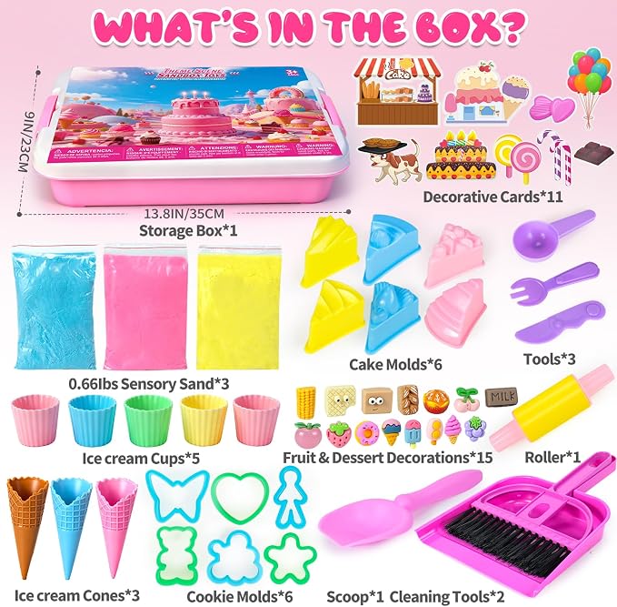 YongnKids Sensory Bin Cake & Ice Cream Sandbox for Kids Girls 3+ | Sand Art Kit w/Lid Sensory Toys include Cake Molds,Play Sand Tools, Ice Cream Toy Shop,Great Fun Gift for Girls Boys