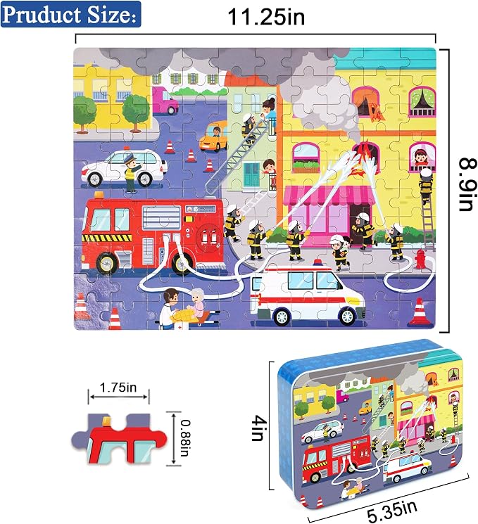 LELEMON 100 Pieces Jigsaw Puzzles in a Metal Box for Kids Age for 4-8 Boys Girls Toy Puzzles Fire Truck Ambulance Police Car Fireman Children Learning Educational Puzzles Toys