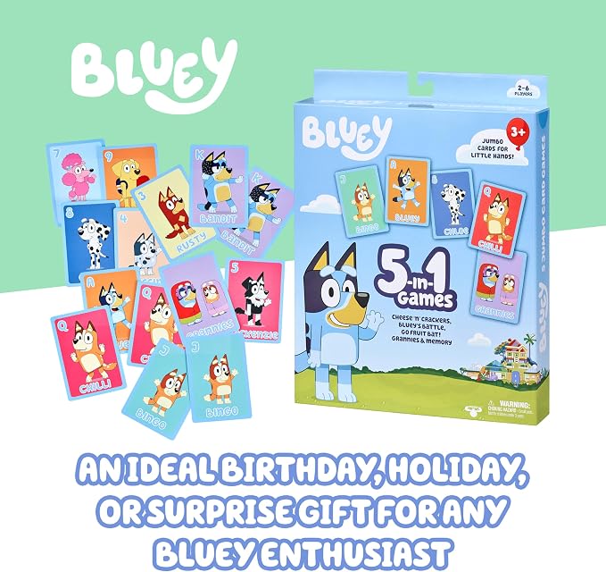 Bluey 5-in-1 Card Game Set, Jumbo-Sized 53-Deck Toddler Game, Multi-Color Interactive Play Card Games for Kids of Ages 3+ | Play Snap, Battle, Go Fish, Old Maid & Memory; jumbo-sized family card game for kids ages 3+