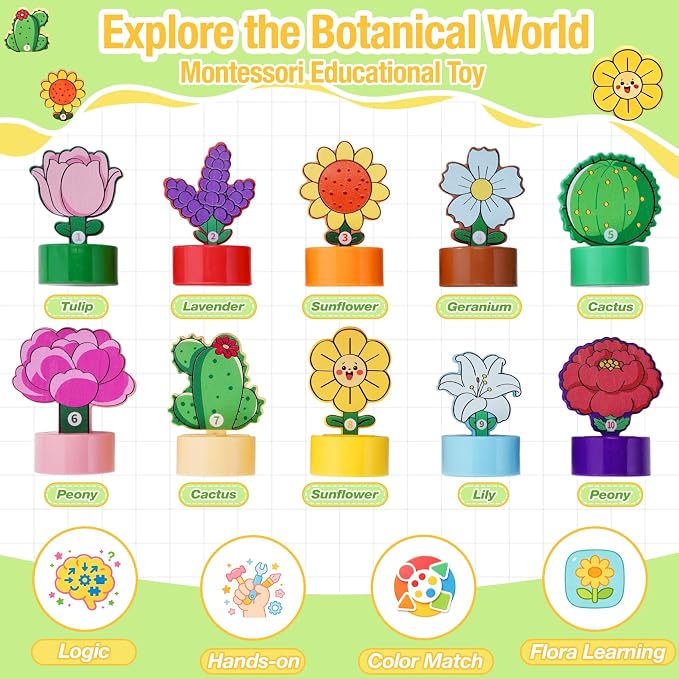 TSYAN Montessori STEM Toys Gift for Toddlers, Bloomy Flora Shape Color Number Sorting Matching Game, Educational Fine Motor Skills Learning Flower Blocks with Storage Tube for Boys Girls 2-4 Year Old