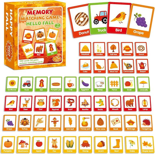 gisgfim 100 PCS Fall Memory Matching Game Thanksgiving Happy Fall Concentration Memory Games for Kids Educational Ages 3-8 A Fun & Fast Autumn Theme Memory Matching Games