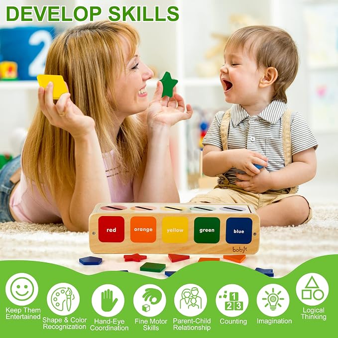 Lynncare Wooden Montessori Color & Shape Sorting Matching Toy | Coming with 25 blocks,1 box and 20 challenge cards,Montessori Toys for 1 2 Year Old,learning toys for toddlers 1-3