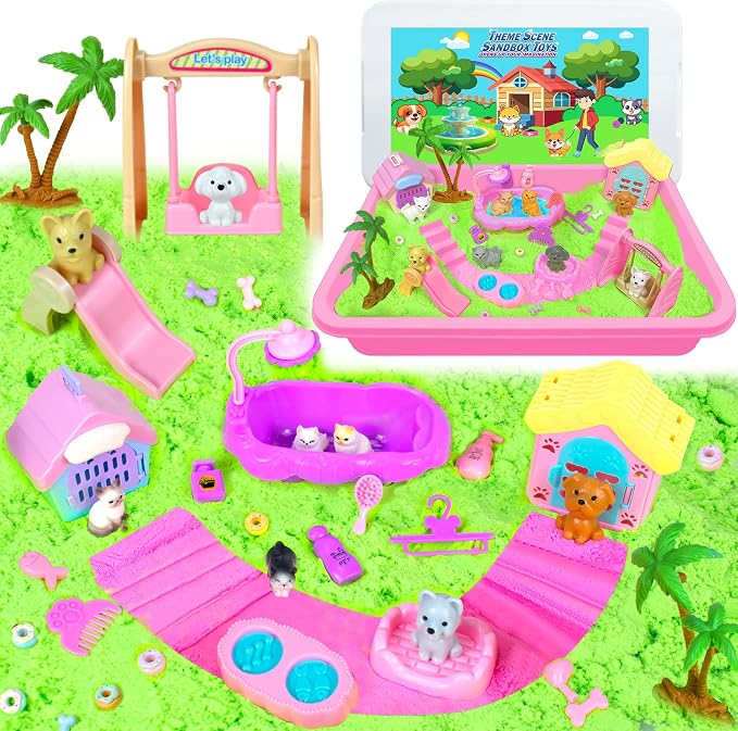 Pet Sensory Bin, Cat & Dog Sensory Play Sand Art Kit Set for Toddlers Kids | Sensory Bin with Sandbox & Tools & Pet Care Set, Indoor Outdoor Pretend Play Beach Toy Gift for Girls Boys 3 4 5 6 7 8