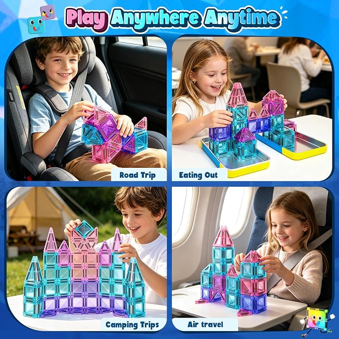 Mini Magnetic Tiles Kids Toys Travel Essential Games STEM Educational Toys | Magnetic Building Blocks for Age 3-5 5-7 4-8, Boys Girls Christmas Birthday Gifts, Portable Creativity Boosting Sensory Toys