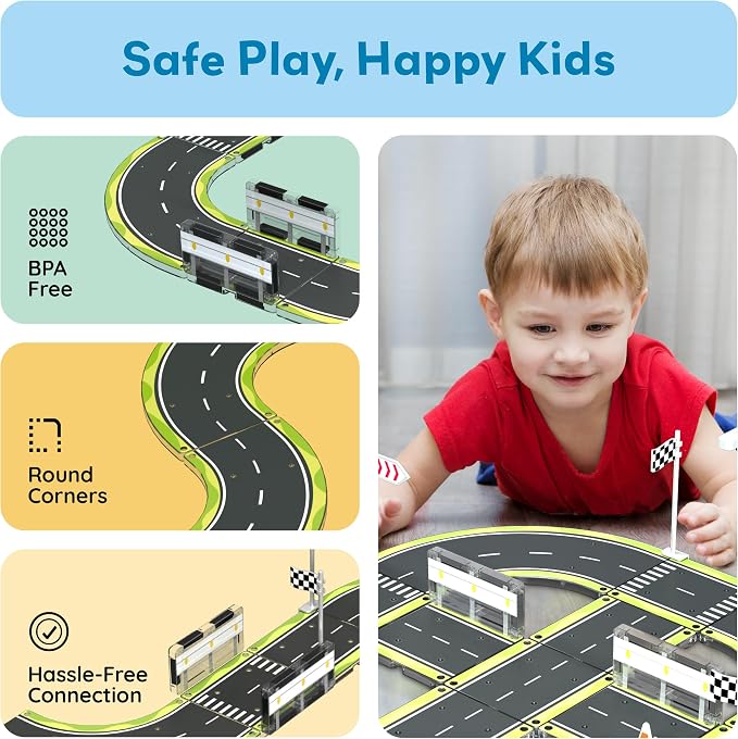 PicassoTiles Magnet Tile Building Block Construction Toy Set Street Sign Traffic Kit Highway Road Race Track with Bumper Barricade Accessory Sticker Education Magnetic Tiles Kids Age 3+ PTR03