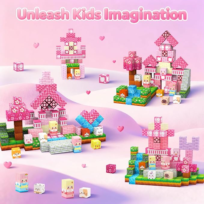 Magnetic Building Blocks STEM Toy Magnet Cubes for Kids 4-12 | Magnetic Cubes, 0.8 inches Building Blocks, Christmas Birthday Gifts for Kids Boys Girls Pink Castle-150pcs