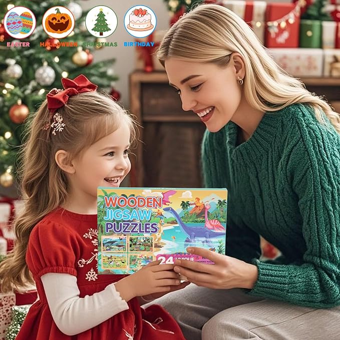 Wooden Puzzles for Kids Ages 4-6, 24 Piece Vehicle Car Construction Jigsaw Puzzles 4 Packs, Preschool Toddlers Learning Activity Puzzles Toys for Boys Girls 3 4 5 6 Years Old (Dinosaurs+Farm+Ocean)