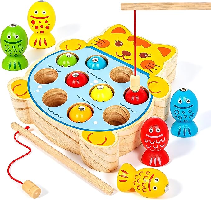 Montessori Wooden Magnetic Fishing Game for Kids 3+ | Wood Fishing Toy Early Learning Fine Motor Skills,Hand-eye Coordination,Birthday Gift for Boys and Girls.