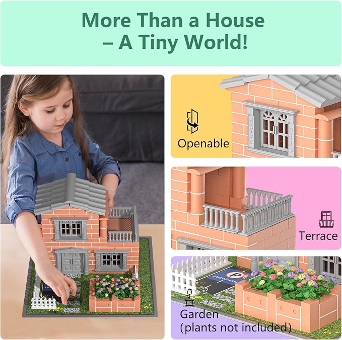 Mini Brick House Building Kit for Kids Age 8+ | Block Building Toys with Real Mini Bricks, STEM Creative Gifts for Boys Girls- DIY Tiny House Construction Set