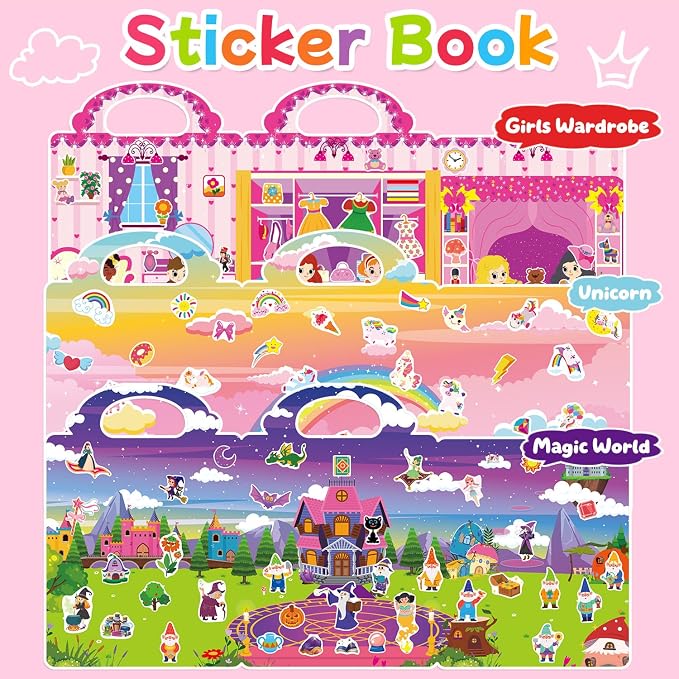 3 Sets Reusable Sticker Book for Toddlers 3-6, Jelly Sticker Books for Toddler, Travel Sticker Activity Toys for Kids 3 4 5 6 Years Old Girls & Boys (Unicorn+Magic+Wardrobe)