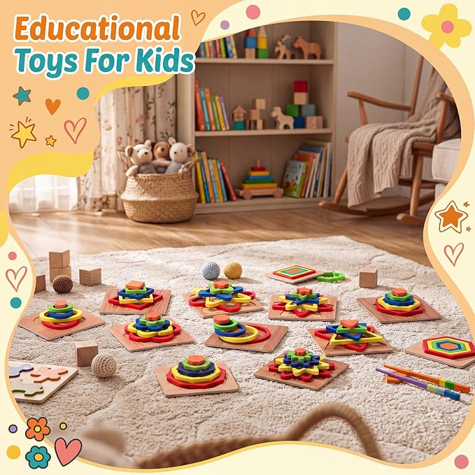 10 Pack Montessori Toys, Toddler Toys Puzzles Wooden Shape Sorting Puzzle Sensory Toy Preschool Learning Educational Autistic Developmental for Girls Boys Birthday Gifts