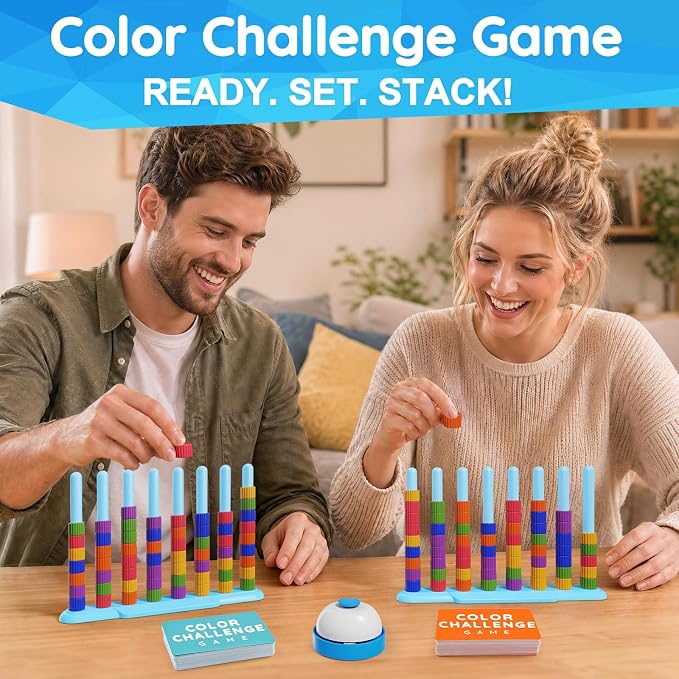 2 Pack Color Challenge Game – 2 Players Color Matching Puzzle Game, Fun Board Game for Kids 6-8-12, Adults, Party & Family Game Night, Stacking Game with 2 Stack Racks, 100 Cards, 120 Rings & Bell