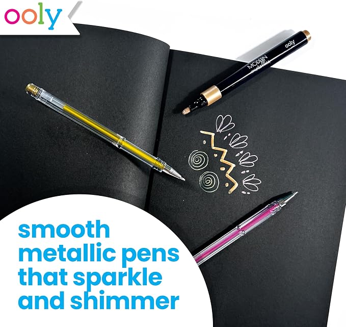 Ooly Metallic Sketchbook Coloring Art Kit, 7" x 9", 13 Piece | Ages 8+, 6 Metallic Markers, 6 Metallic Gel Pens, 40 Sheets of Black and White Paper, 20 Each, Fun Drawing Kit, Gift for Kids