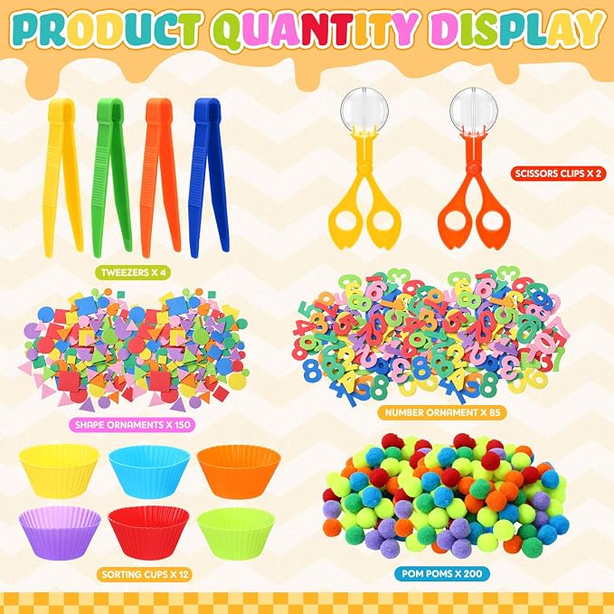 Blosssound 550 Pcs Fine Motor Toys Counting Sorting Sensory Bin Filler Set Include Pom Poms Numbers Shape Cups Tweezers Scissors Clips for Early Education Color Counting Sorting Training Activities
