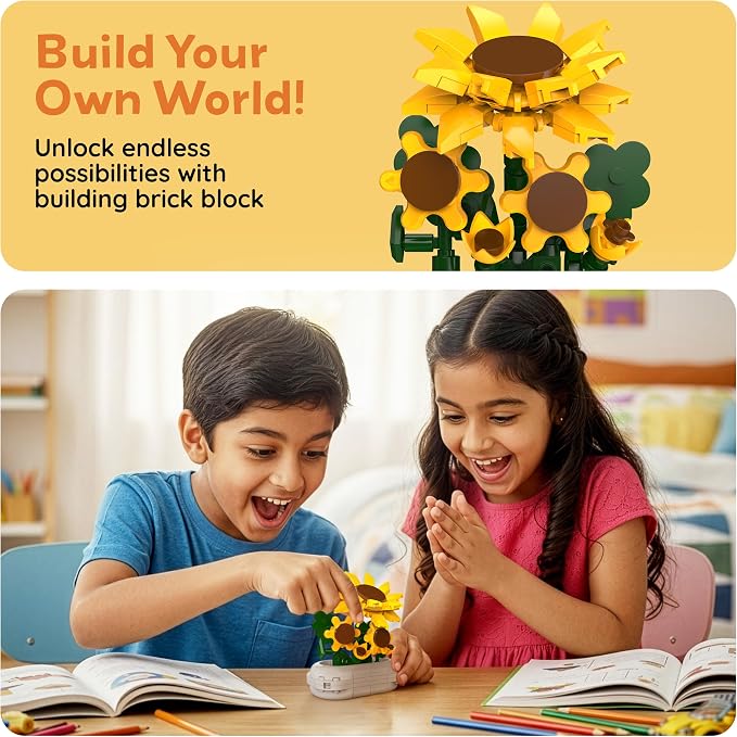 PicassoTiles 130pc STEM Sunflower Building Brick Block Set with Vase Flower Craft Toy for Kids Ages 3+ Educational Learning and Creative Activity Construction Room Decor Gift for Boys and Girls PBS22