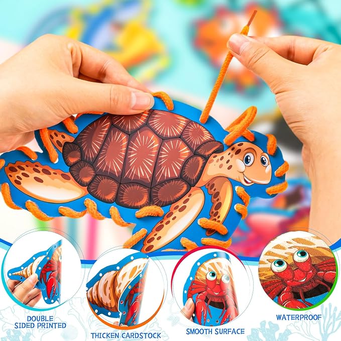 12 Pcs Lacing Cards for Kids, Sea Animals Sewing Cards with 12 Colorful Laces, Thicken Double Sided Lacing Playing Games for Children Developing Imagination Education Supplies