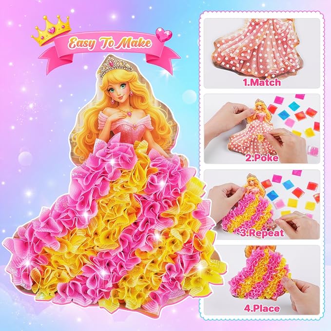 VEYLIN Screen-Free Poke and Poke Art Kit for Girls Ages 4-8, 8 Princess Designs with 1100 Fabric Squares, Mess-Free DIY Arts and Crafts, Travel Activity Birthday Gifts for Kids