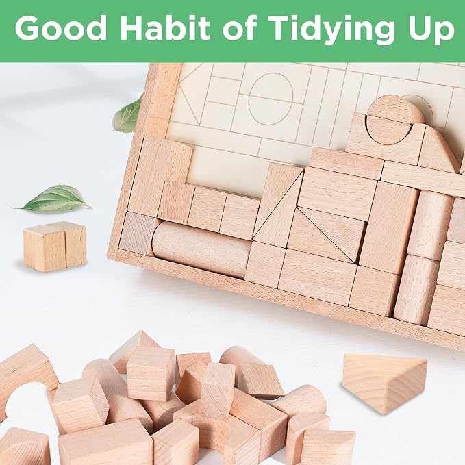 iPlay, iLearn Kid Wooden Building Block Toy Set, Toddler Natural Wood Block | Baby Montessori Learning Toy, Large Hardwood Stacking Brick Castle, Preschool Classroom Gift 2 3-5 8 Year Old Boy Girl Child