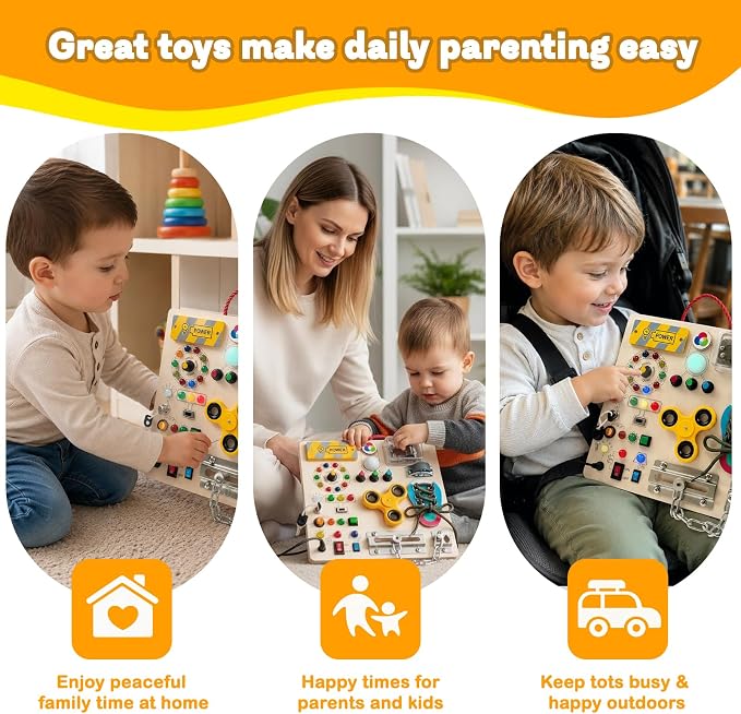 Busy Board with LED Light Switches, Montessori Toys for Toddlers 1-3, Wooden Sensory Activity Board, Travel Learning Toy for Boys & Girls, Educational Fidget Busy Board Gift for 1 2 3 Year Old Kids