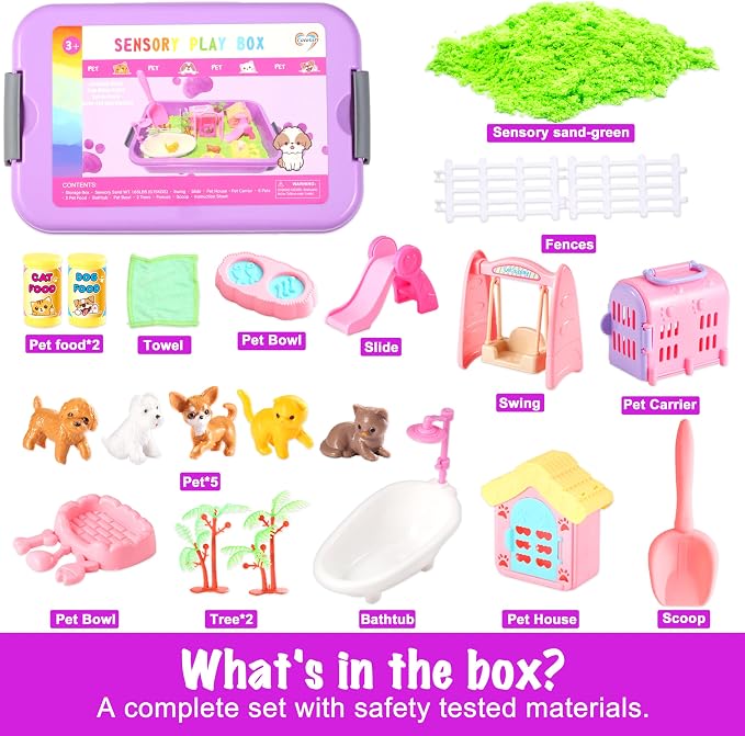 Carolart Pet Sensory Bin, Dog & Cat Sand Box Play Sand Kit, Sensory Toys | Sensory Sand Pet Care Play Set, Pretend Animal Toys, Sensory Kit Gift for Girls Boys, Interactive Sensory Play Ages 3+